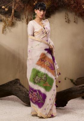 Beige Resham Woven Cotton Saree Set