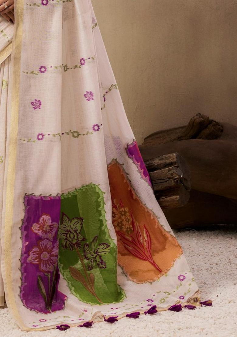 Beige Resham Woven Cotton Saree Set - Indya