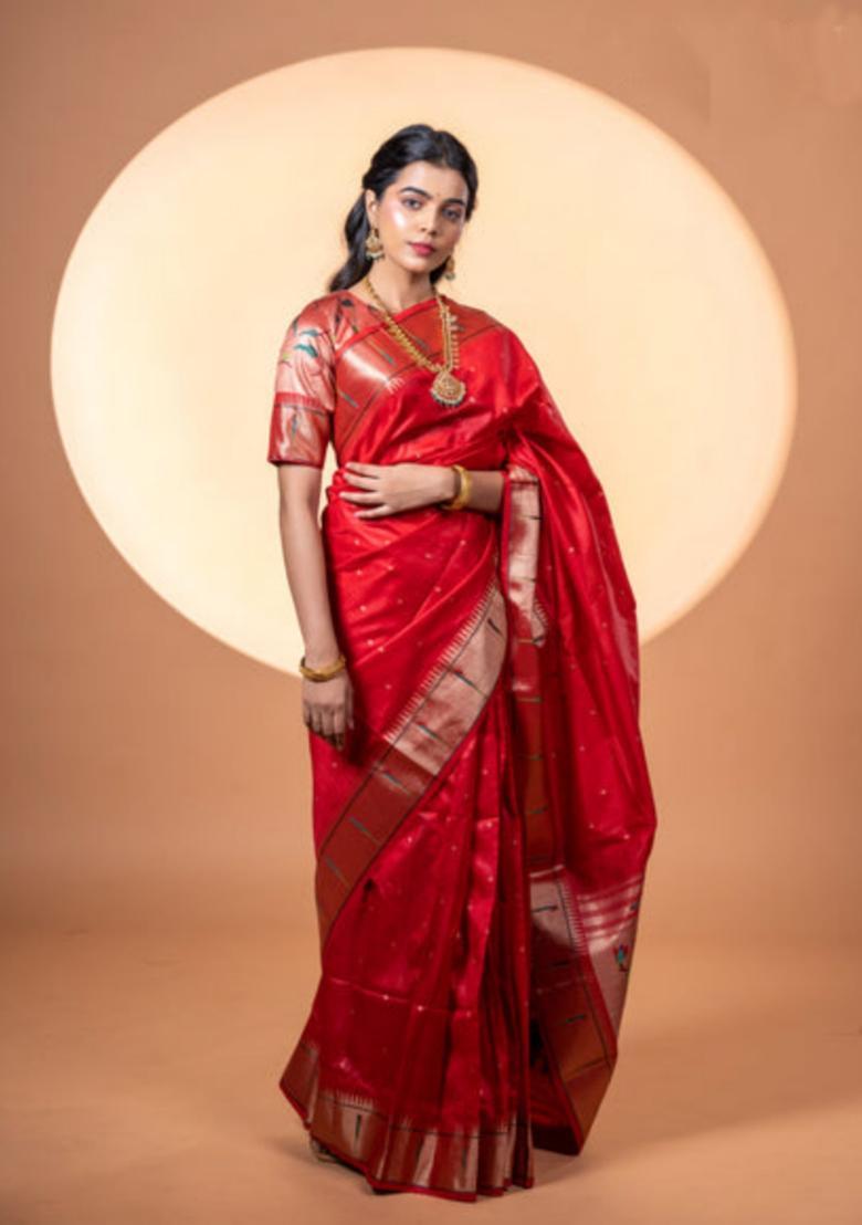 Maroon Zari Work Silk Saree Set - Indya