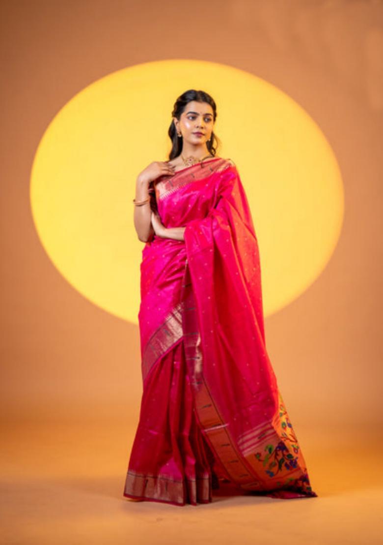 Pink Zari Work Silk Saree Set - Indya
