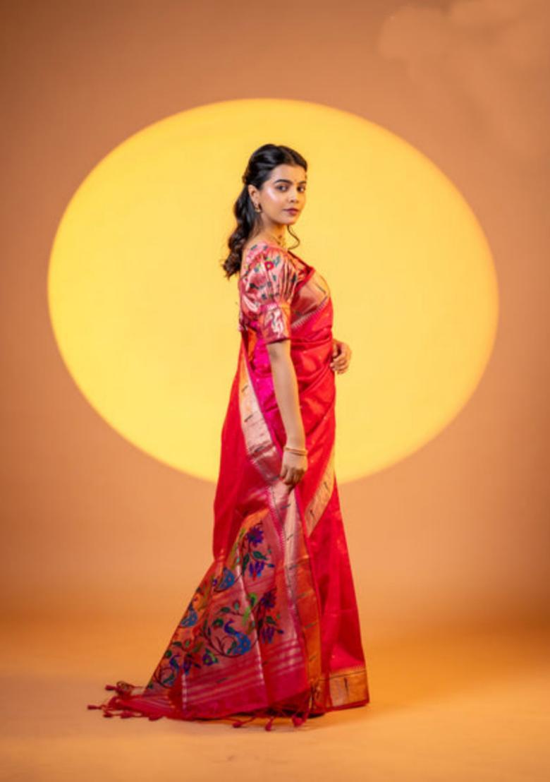 Pink Zari Work Silk Saree Set - Indya