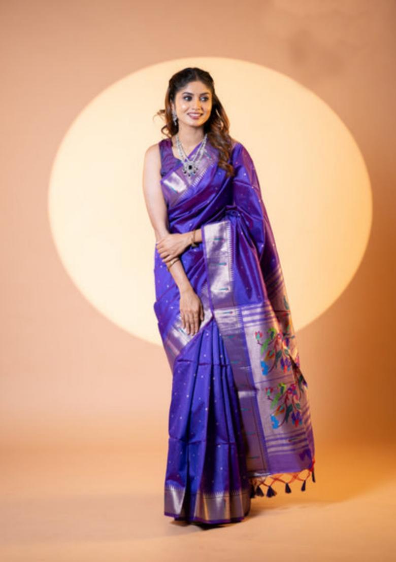 Blue Zari Work Silk Saree Set - Indya