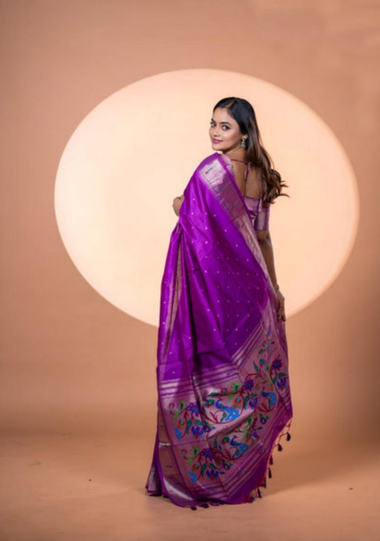 Wine Zari Work Silk Saree Set - Indya