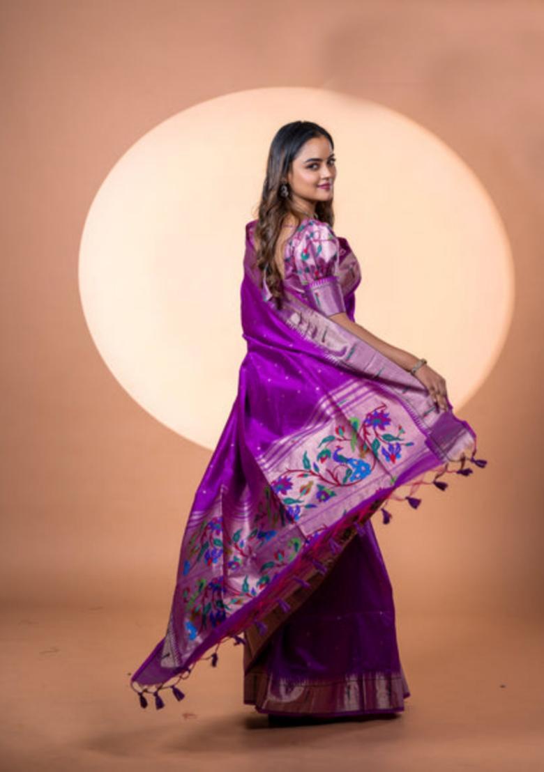 Wine Zari Work Silk Saree Set - Indya