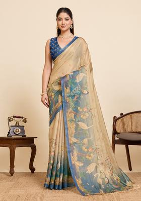 Beige Printed Cotton Saree Set