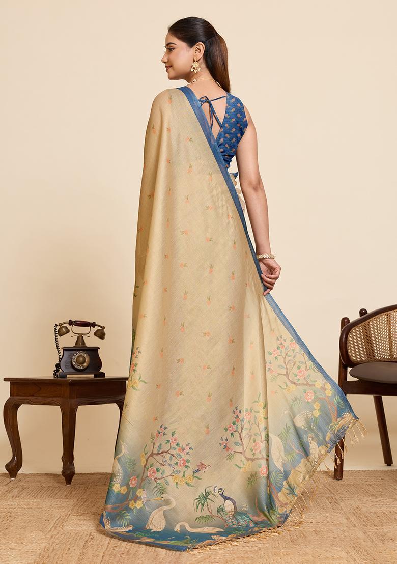 Beige Printed Cotton Saree Set - Indya