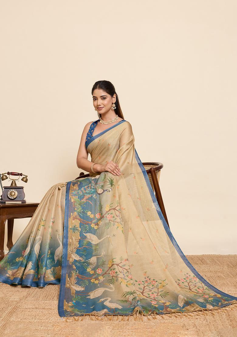 Beige Printed Cotton Saree Set - Indya