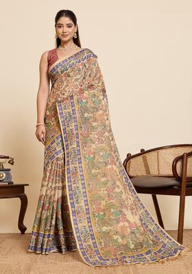 Beige Printed Cotton Saree Set