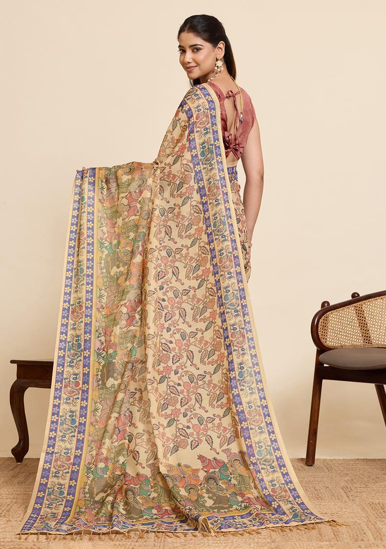 Beige Printed Cotton Saree Set - Indya