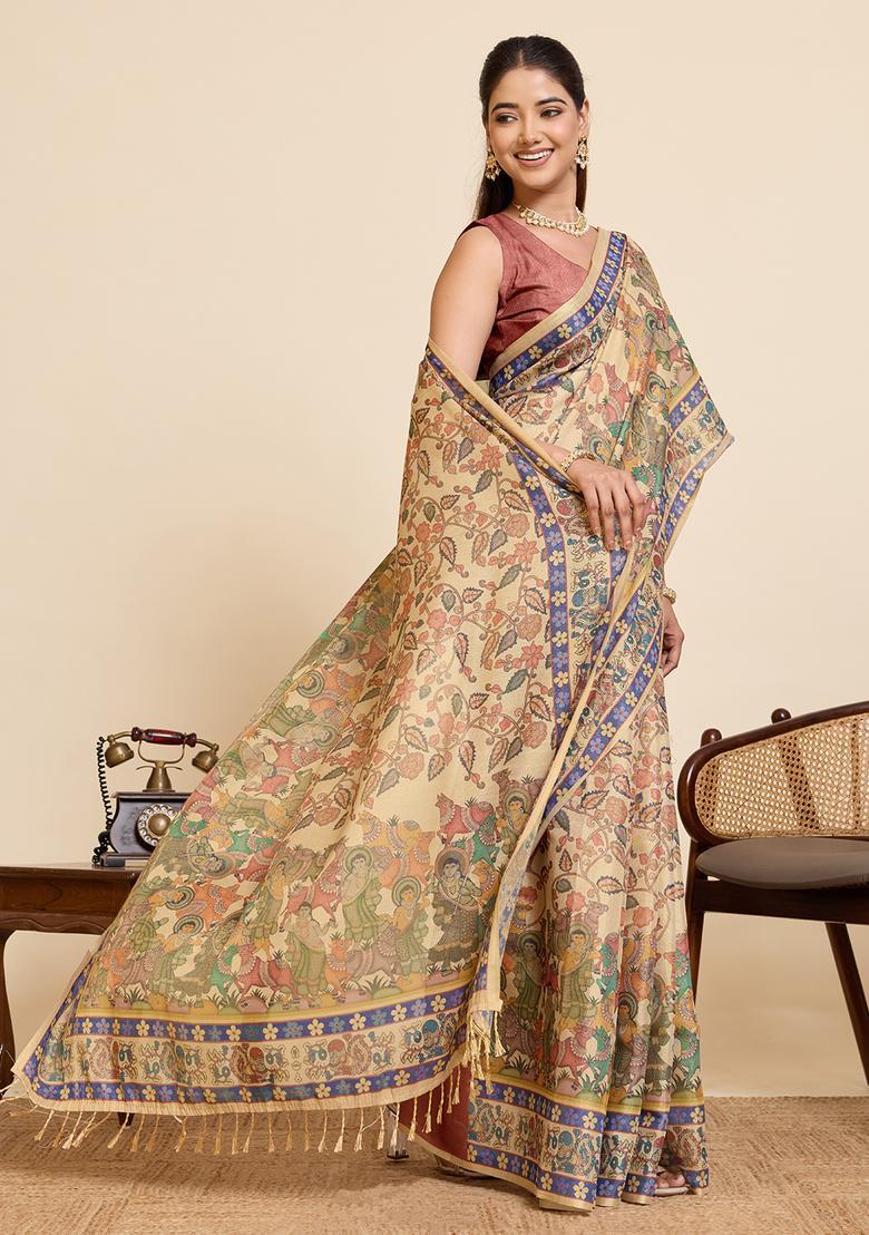 Beige Printed Cotton Saree Set - Indya
