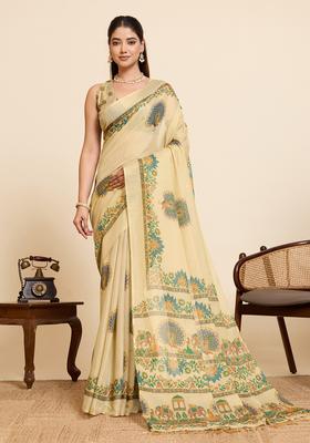 Beige Printed Cotton Saree Set