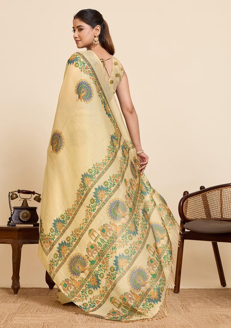 Beige Printed Cotton Saree Set - Indya
