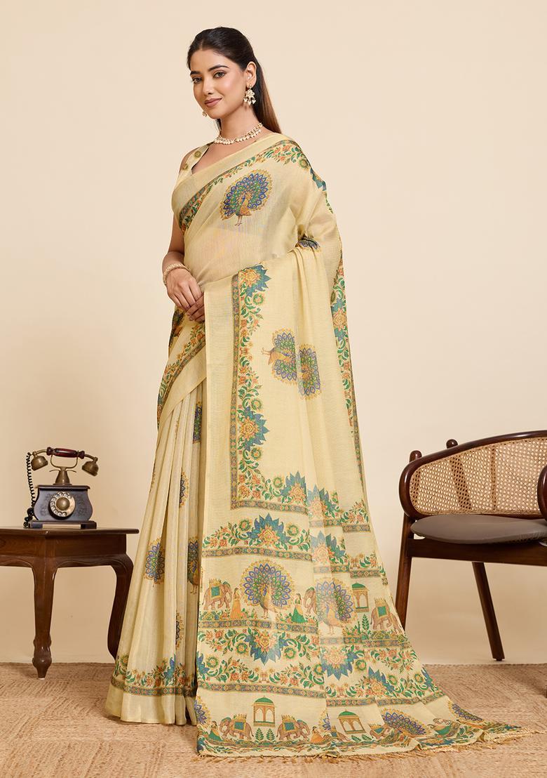 Beige Printed Cotton Saree Set - Indya