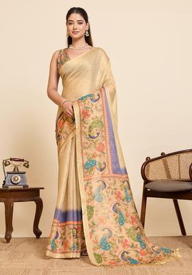 Beige Printed Cotton Saree Set