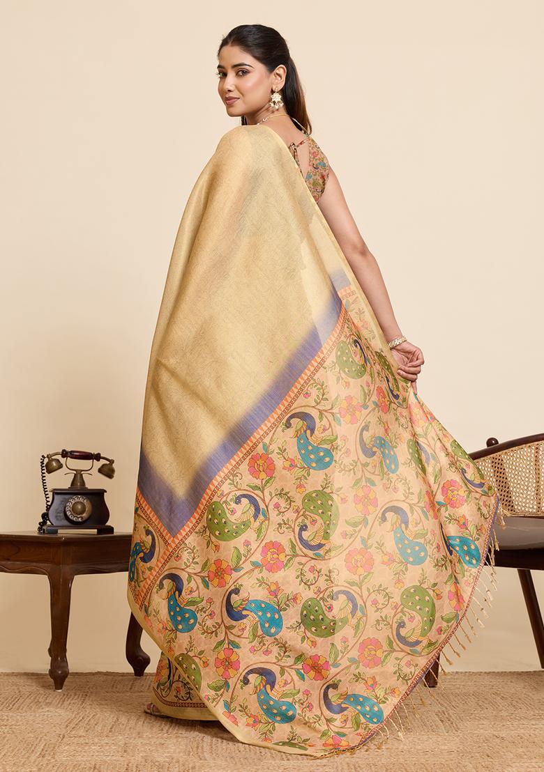 Beige Printed Cotton Saree Set - Indya