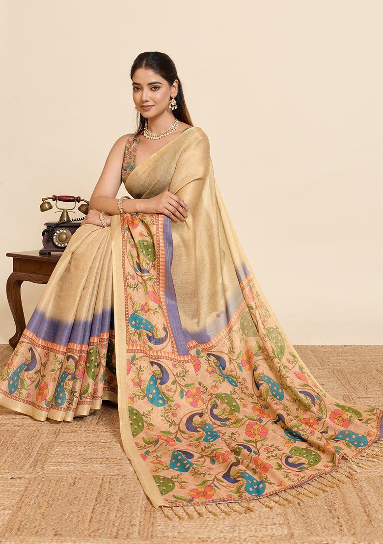Beige Printed Cotton Saree Set - Indya