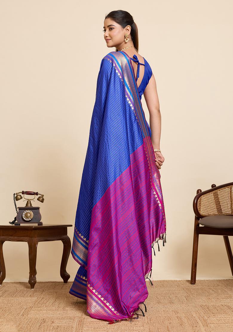 Blue Zari Work Silk Saree Set - Indya