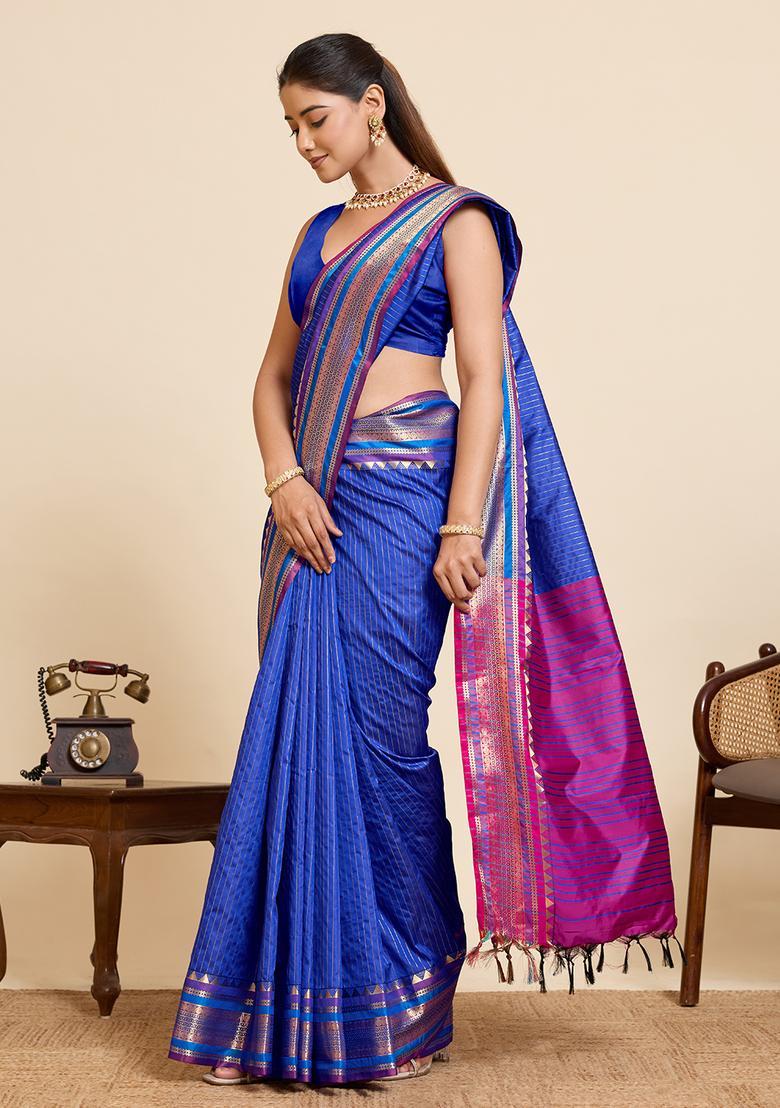 Blue Zari Work Silk Saree Set - Indya