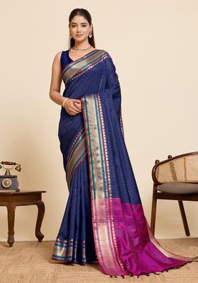 Navy Blue Zari Work Silk Saree Set