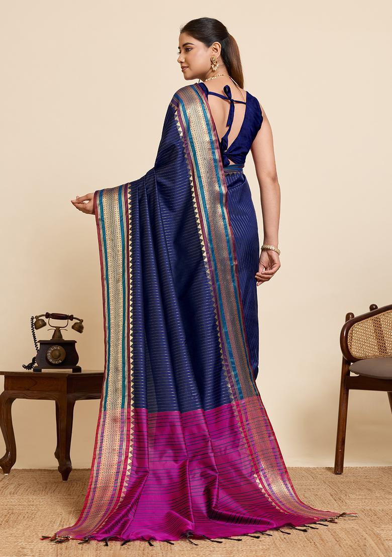 Navy Blue Zari Work Silk Saree Set - Indya