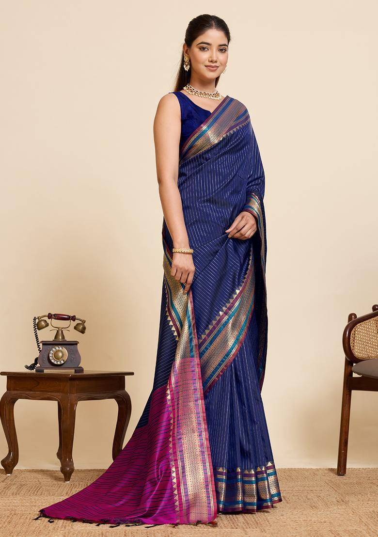 Navy Blue Zari Work Silk Saree Set - Indya