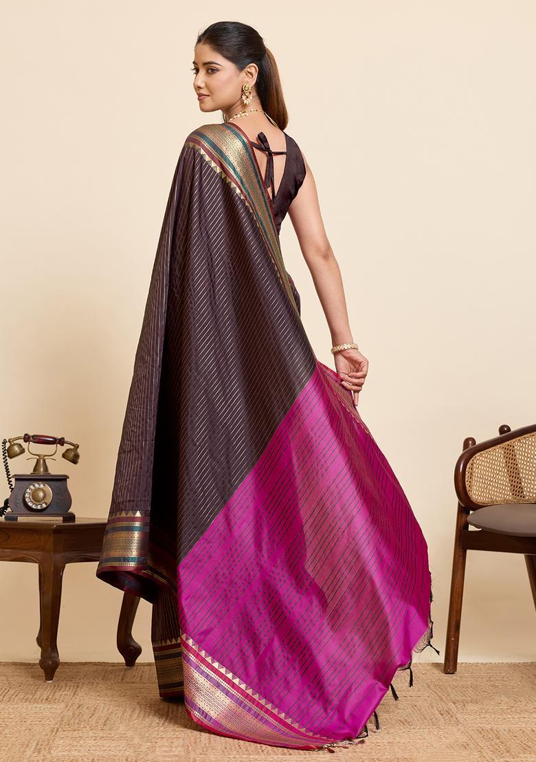 Coffee Zari Work Silk Saree Set - Indya