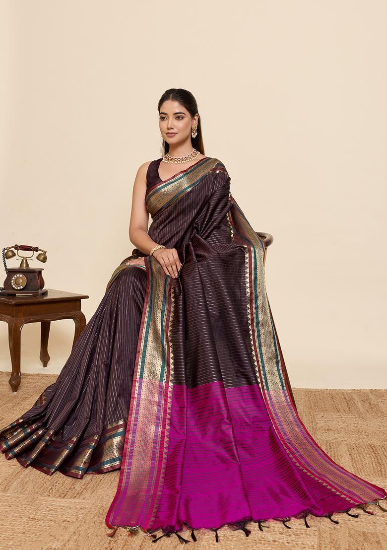 Coffee Zari Work Silk Saree Set - Indya