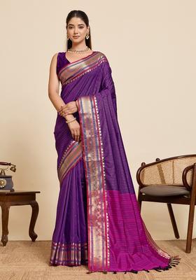Purple Zari Work Silk Saree Set