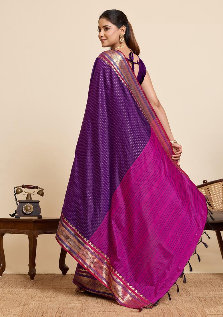 Purple Zari Work Silk Saree Set - Indya