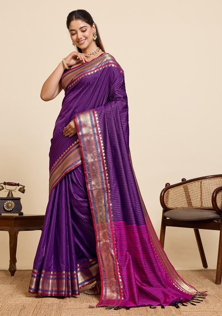 Purple Zari Work Silk Saree Set - Indya