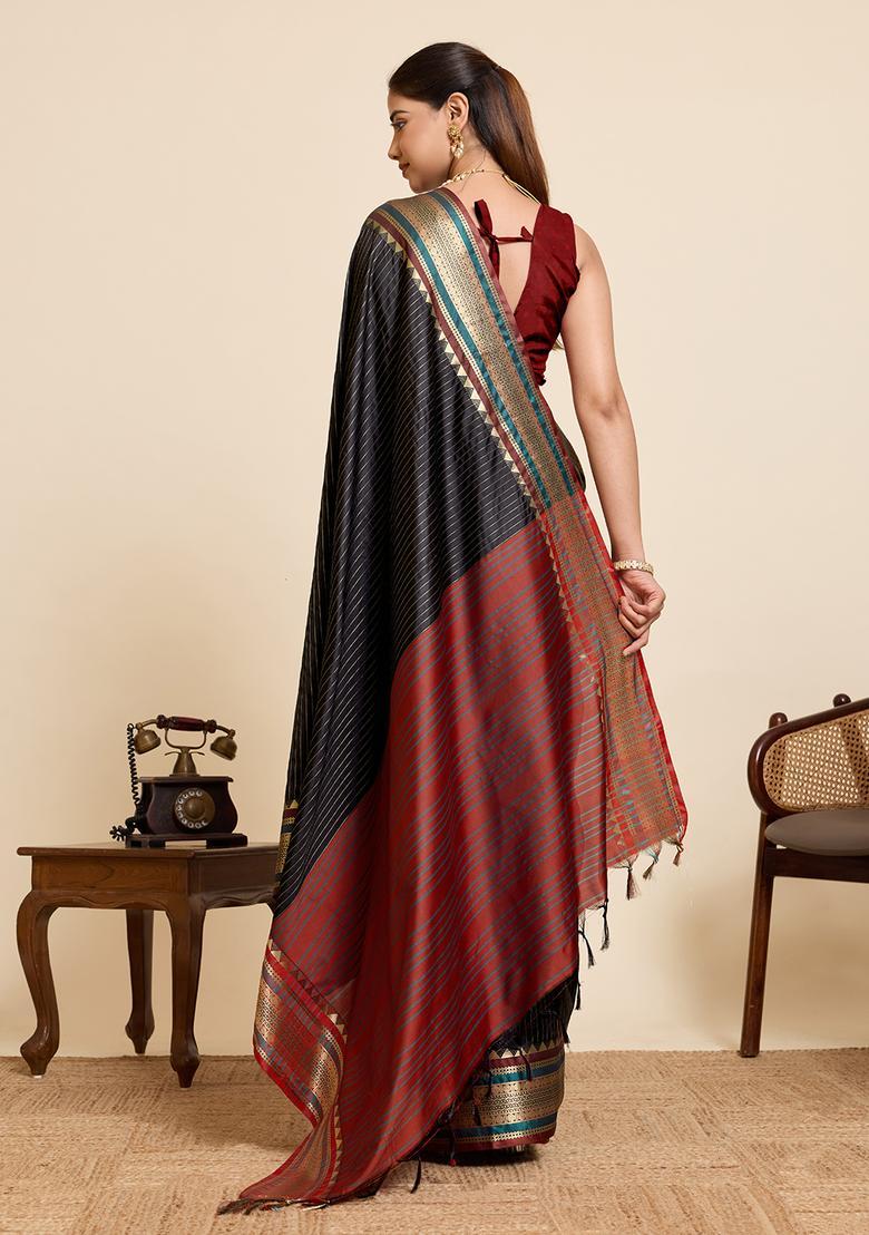 Black Zari Work Silk Saree Set - Indya