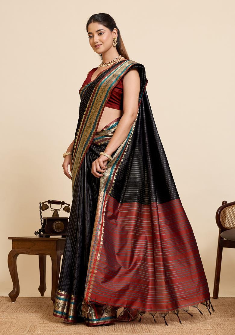 Black Zari Work Silk Saree Set - Indya
