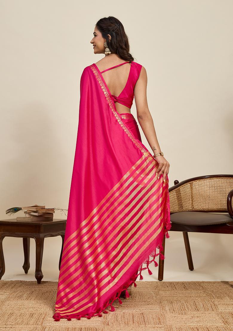 Pink Zari Work Silk Saree Set - Indya