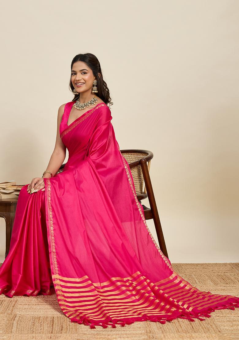 Pink Zari Work Silk Saree Set - Indya
