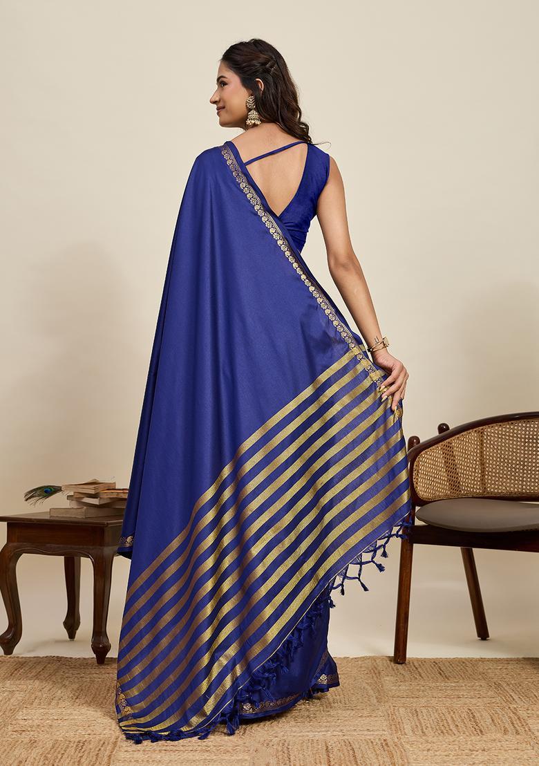 Blue Zari Work Silk Saree Set - Indya