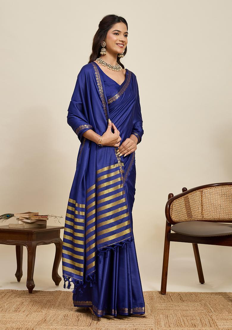Blue Zari Work Silk Saree Set - Indya