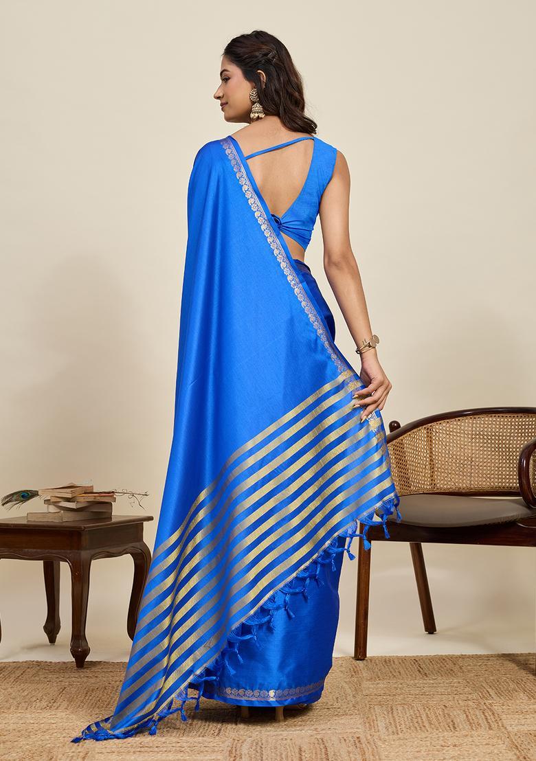 Blue Zari Work Silk Saree Set - Indya
