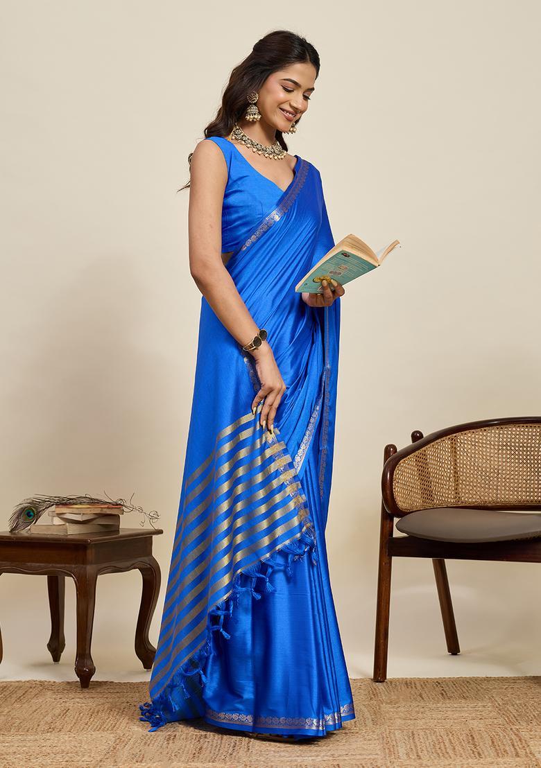 Blue Zari Work Silk Saree Set - Indya