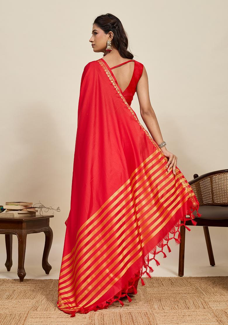 Red Zari Work Silk Saree Set - Indya