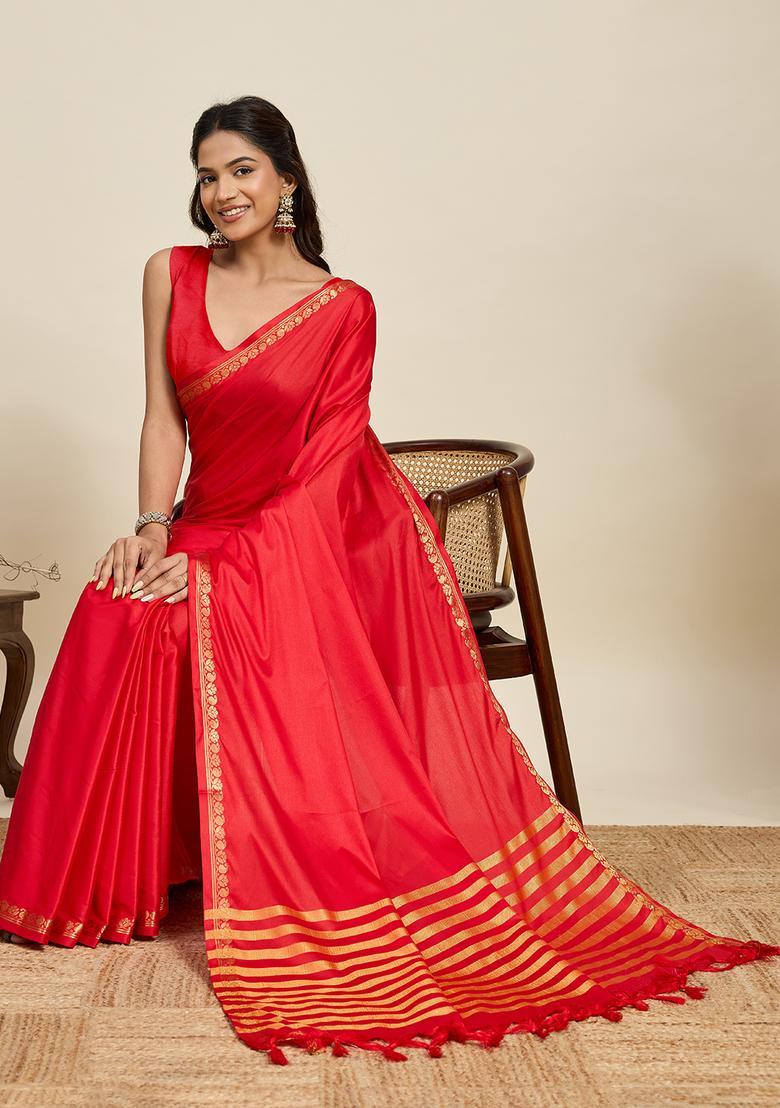 Red Zari Work Silk Saree Set - Indya