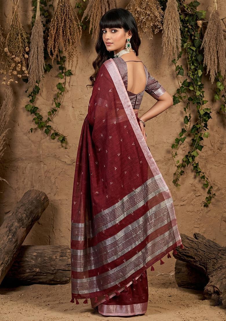 Maroon Zari Work Cotton Saree Set - Indya