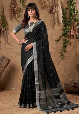 Black Zari Work Cotton Saree Set