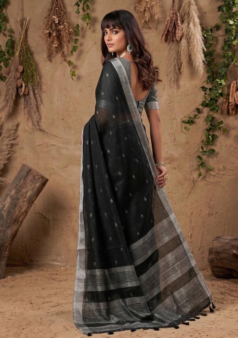 Black Zari Work Cotton Saree Set - Indya