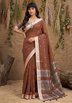 Brown Zari Work Cotton Saree Set