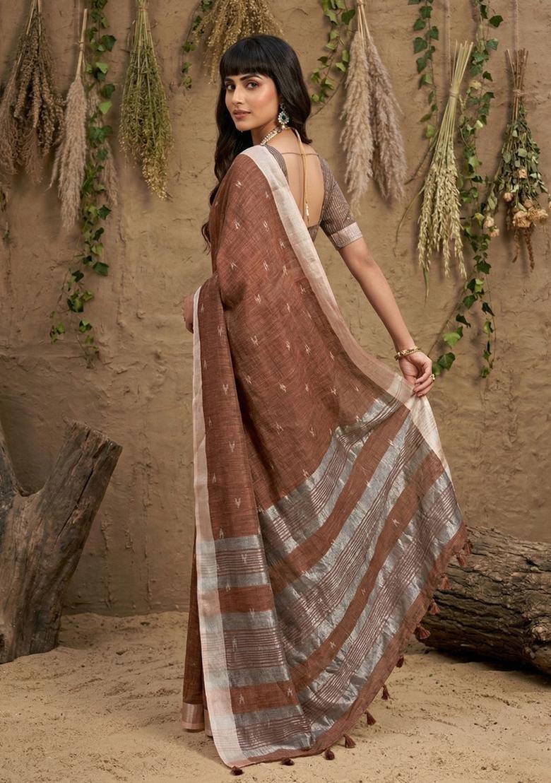 Brown Zari Work Cotton Saree Set - Indya
