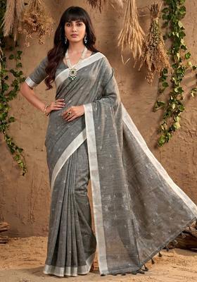 Grey Zari Work Cotton Saree Set