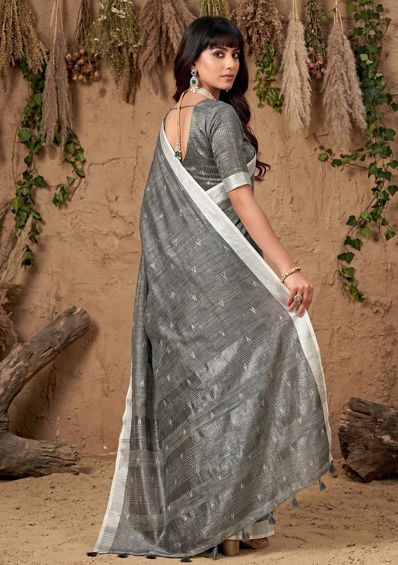 Grey Zari Work Cotton Saree Set - Indya