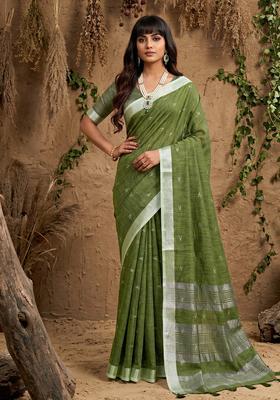 Green Zari Work Cotton Saree Set