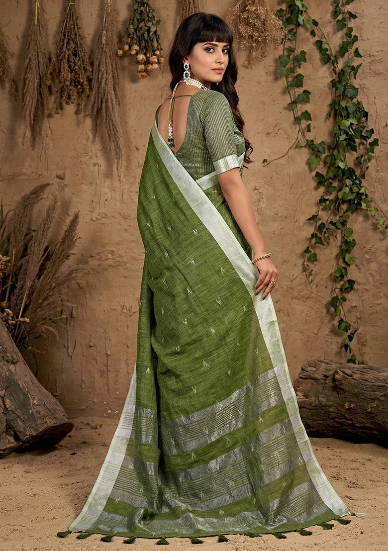 Green Zari Work Cotton Saree Set - Indya