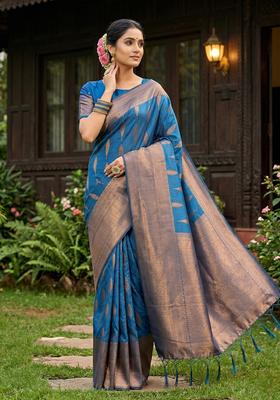Blue Zari Work Silk Saree Set